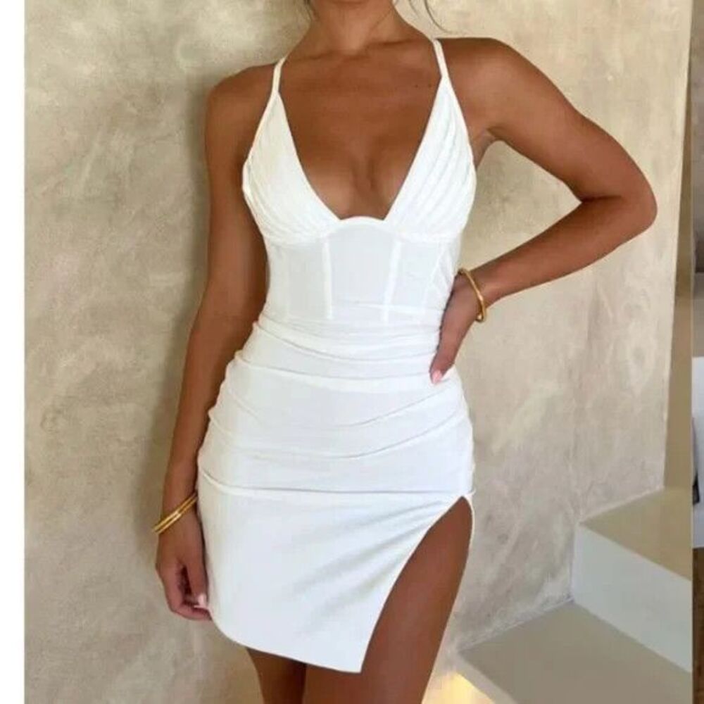 Plunge Neck White Mini Dress with Side Slit